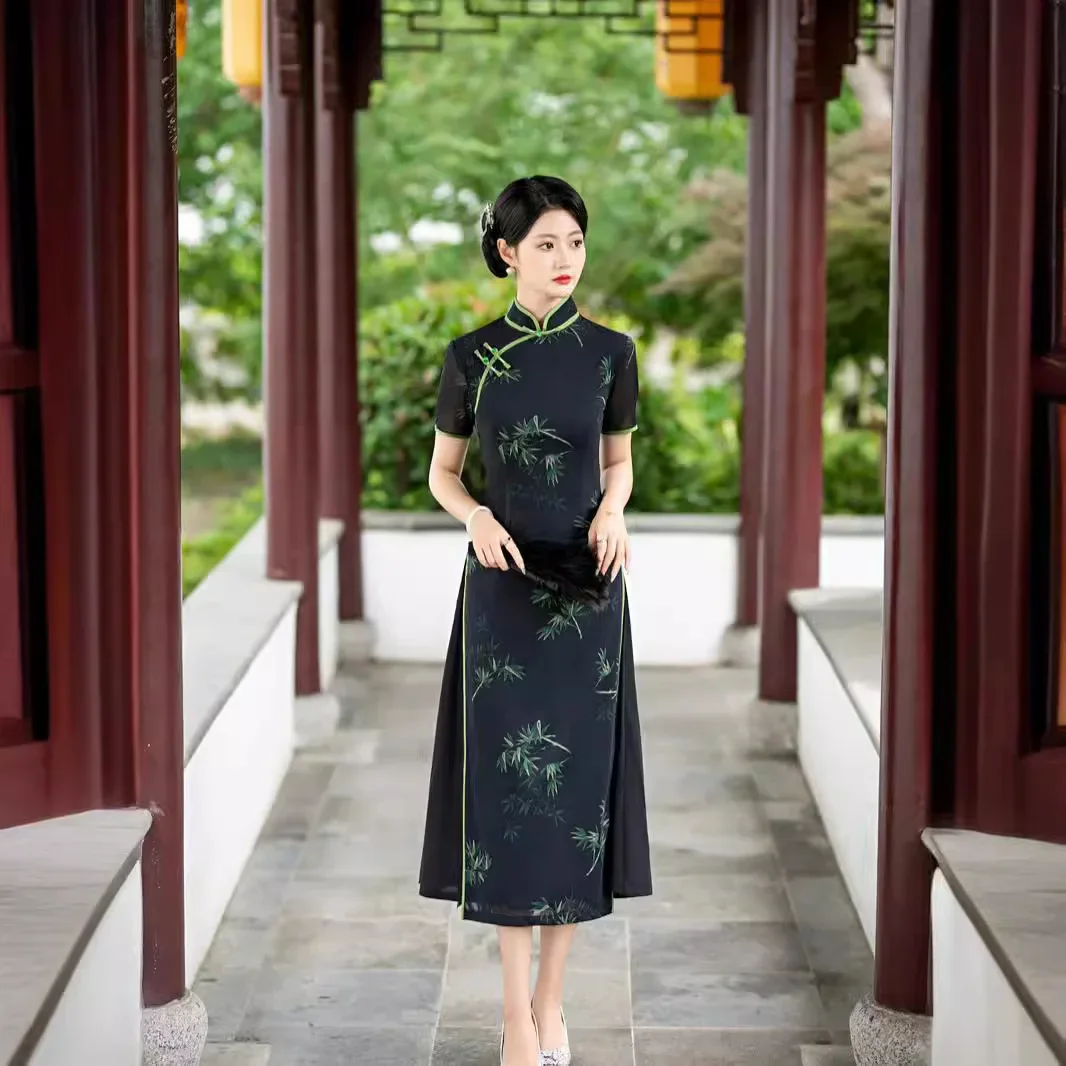 Yourqipao черный китайский традиционный Cheongsam новый стиль 2024 молодой облегающее