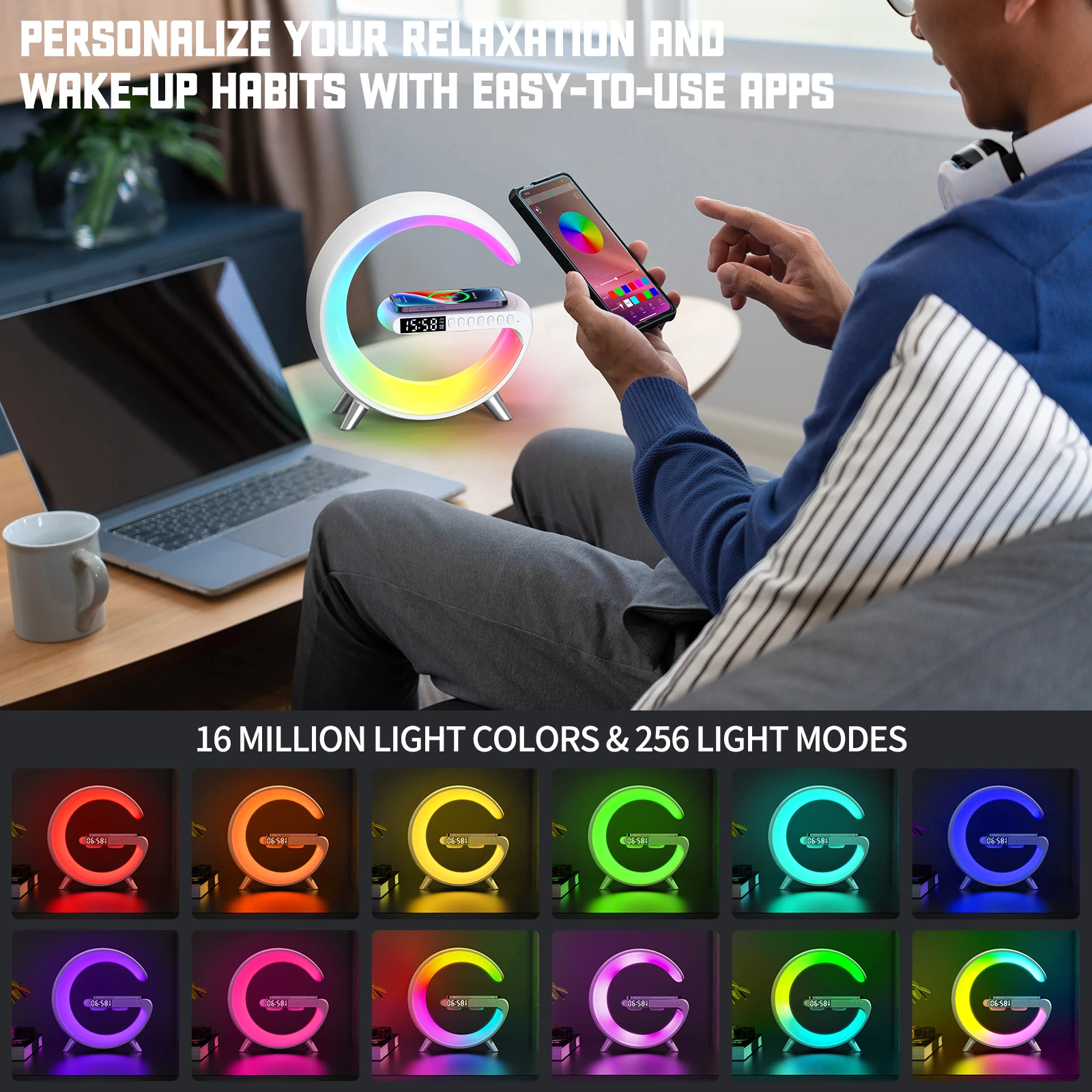 

Светодиодная атмосферная RGB-лампа, многофункциональное Беспроводное зарядное устройство, будильник, динамик, управление через приложение для Iphone 14, 13, 12, 11, 8, ночники