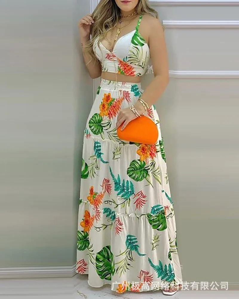 

Women's Clothing Flower Printing Sleeveless Short Cami Tank Top New Summer Color High Waist A Line Skirt Party Sexy