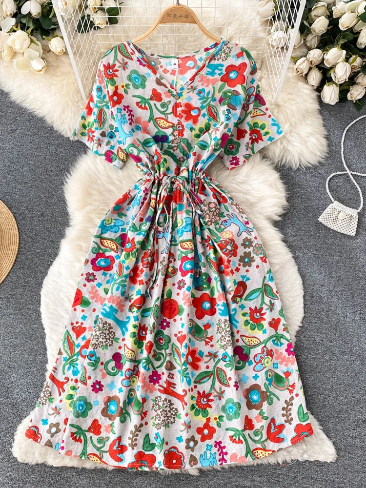 

YuooMuoo Retro Fashion Floral Print Women Dress 2022 New Summer Drawstring Slim Waist Casual Dress Vestidos
