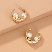 2020 unique design big round pearl open earrings for women female gold color metal irregular hoop earrings vintage jewelry gift
