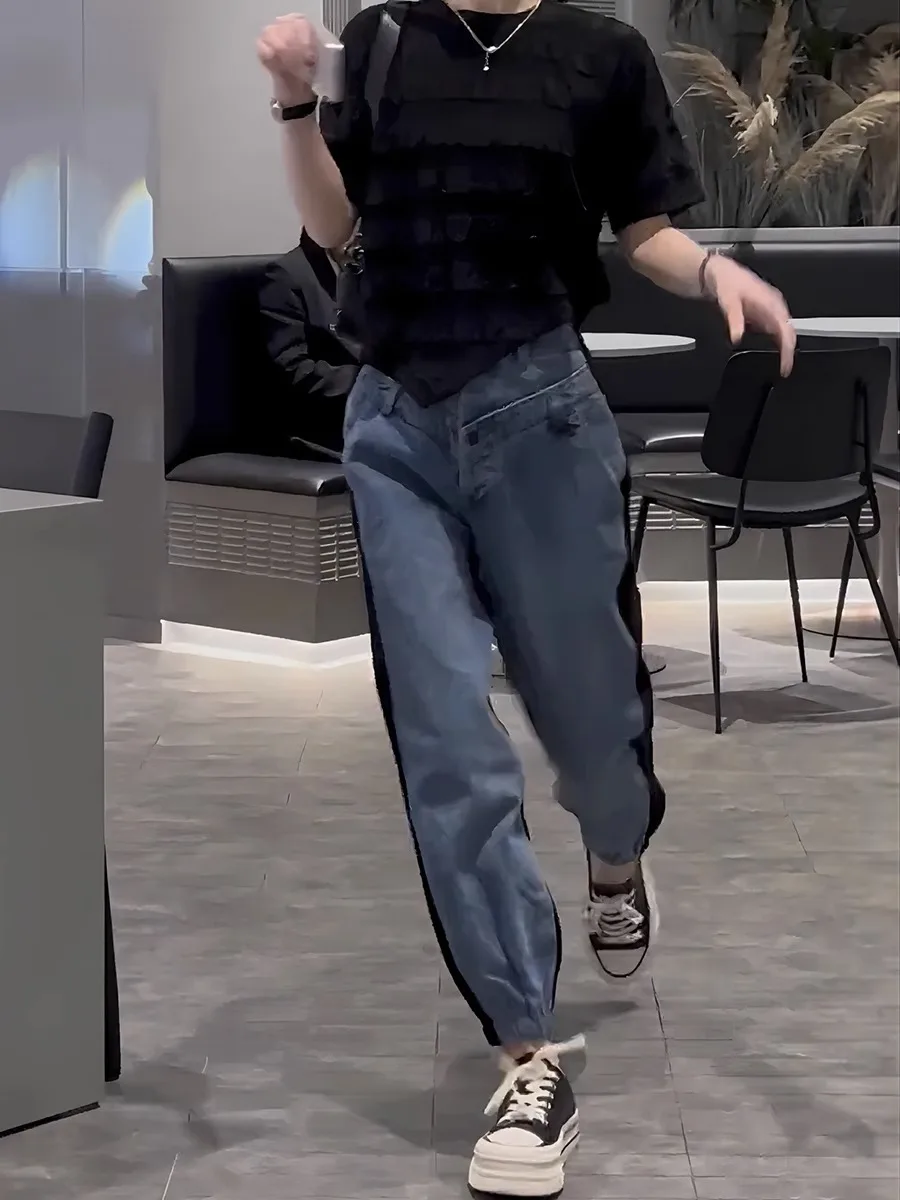 Y2k Pear-shaped Body Slightly Fat Wear Big Size 2023 Summer New Style Of Bunched Feet Radish Pants Denim Splicing Pants Thin