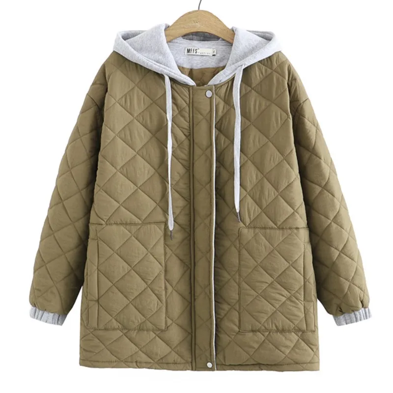 

4XL Plus Size Women Parka New Autumn Winter Contrast Color Hooded With Thick Loose Argyle Cotton Jacekt Casual Quilted Coat