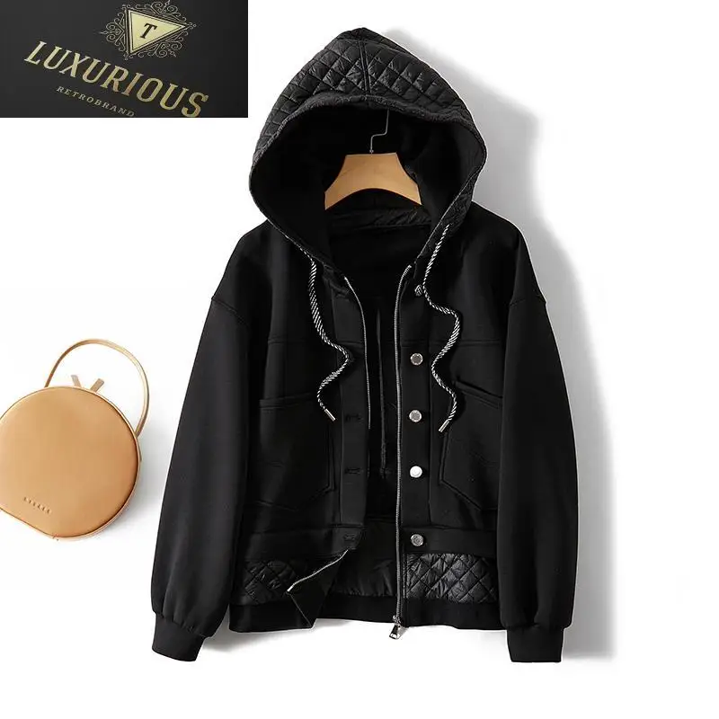 

Женская зимняя куртка в европейском стиле, модель 2024 года, облегающая короткая стеганая куртка из двух частей с капюшоном, черная, Размеры s и 4XL, Осень-зима 2024