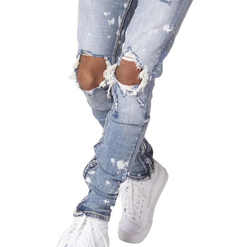 High Quality Men's Ripped Paint Distressed Button Fly Zipper Leg Hip Hop High Street Skinny Jeans