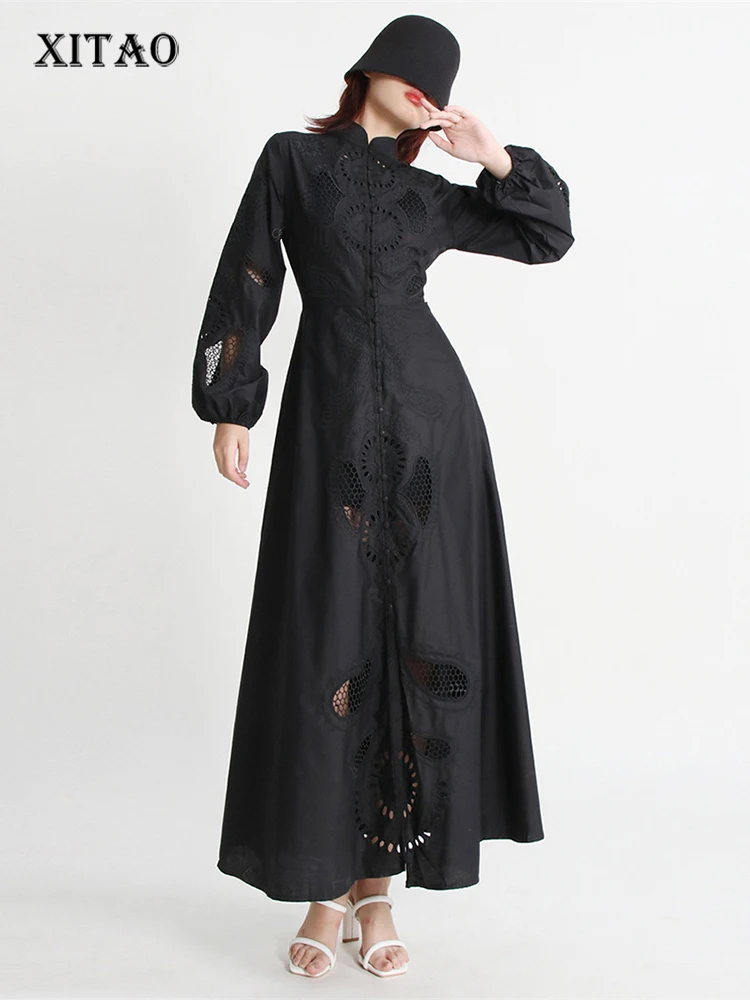 

XITAO Simplicity Temperament Shirt Dress Fashion Solid Color Hollow Out Lantern Sleeve Stand Collar Single Breasted WLD10035
