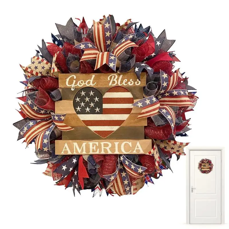 

4th Of July Wreath Memorial Day Decoration America Independence Day Door Decor God Bless America Patriotic Sign Door Wreath