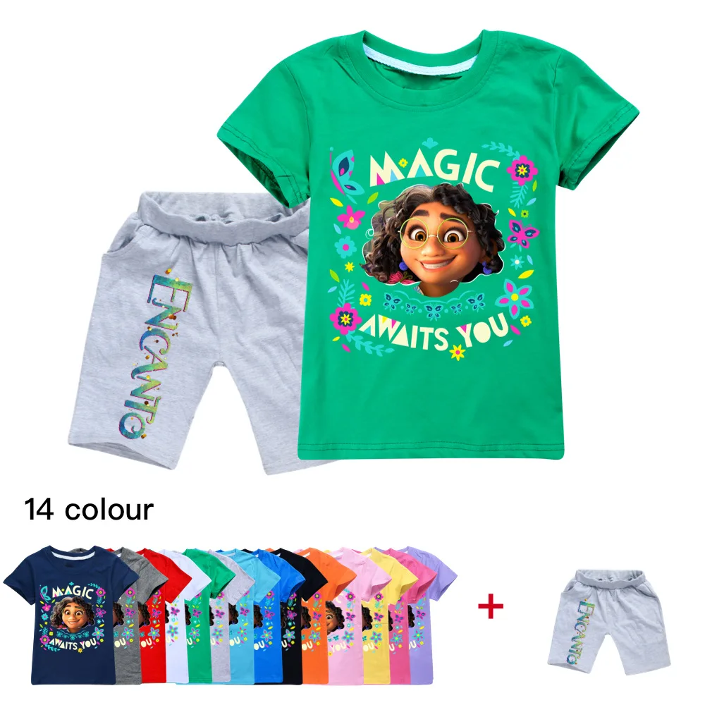 

2022 Disney Movie Encanto T Shirt Shorts 2 Piece Girls Summer Costume Set Toddler Boys Short Sleeve Activewear