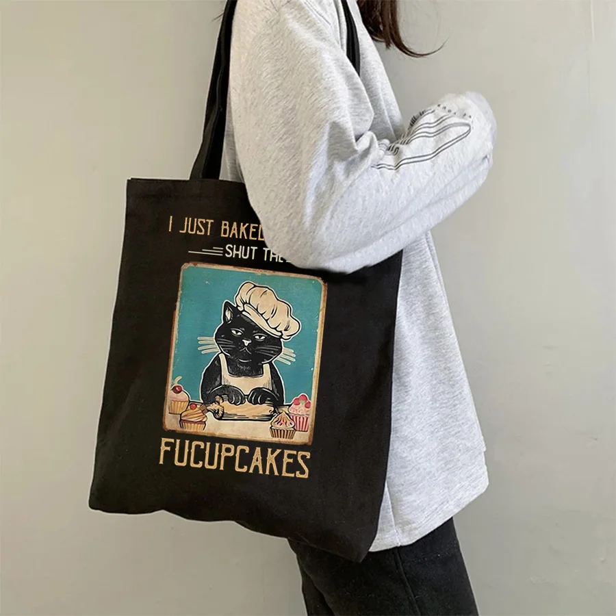 

Hardworking Cake Chef Cat Korean Anime Shoulder Canvas Shopping Bag Harajuku Large-capacity With Zipper Handbags For Women Tote