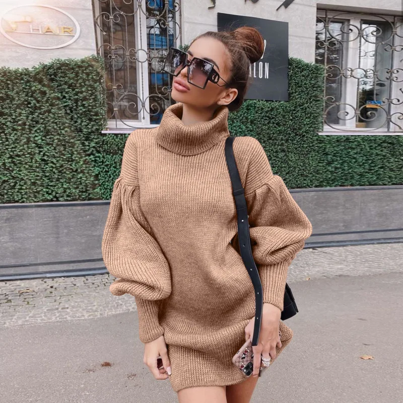 

Loose Casual Turtleneck Sweater Dresses Women's New Solid Color Knitted Lantern Sleeve Knit Dress Vestidos De Verano Robe Longue