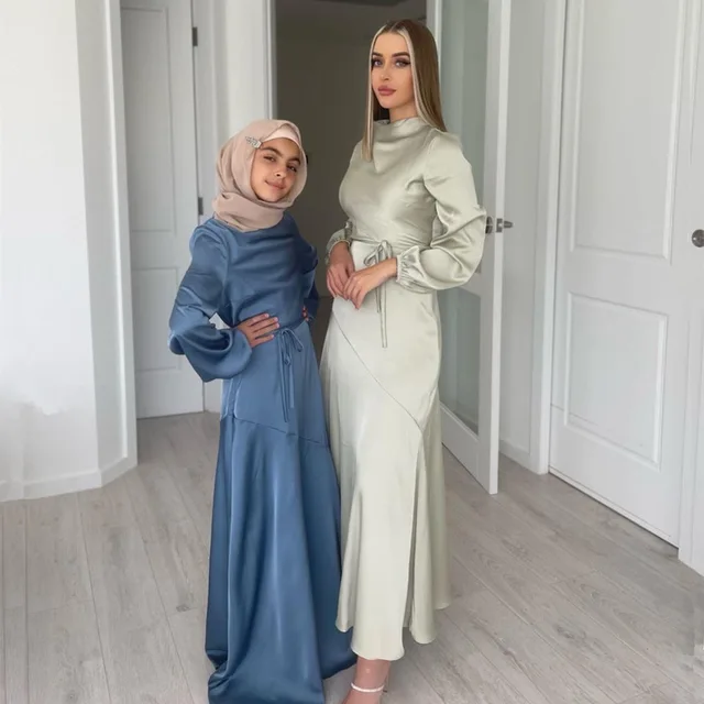 Ramadan Eid Jalabiya Satin Dubai Abaya Saudi Arabic Turkey Islam Muslim Hijab Fashion Dress for Women Robe Longue Femme Kaftan 5