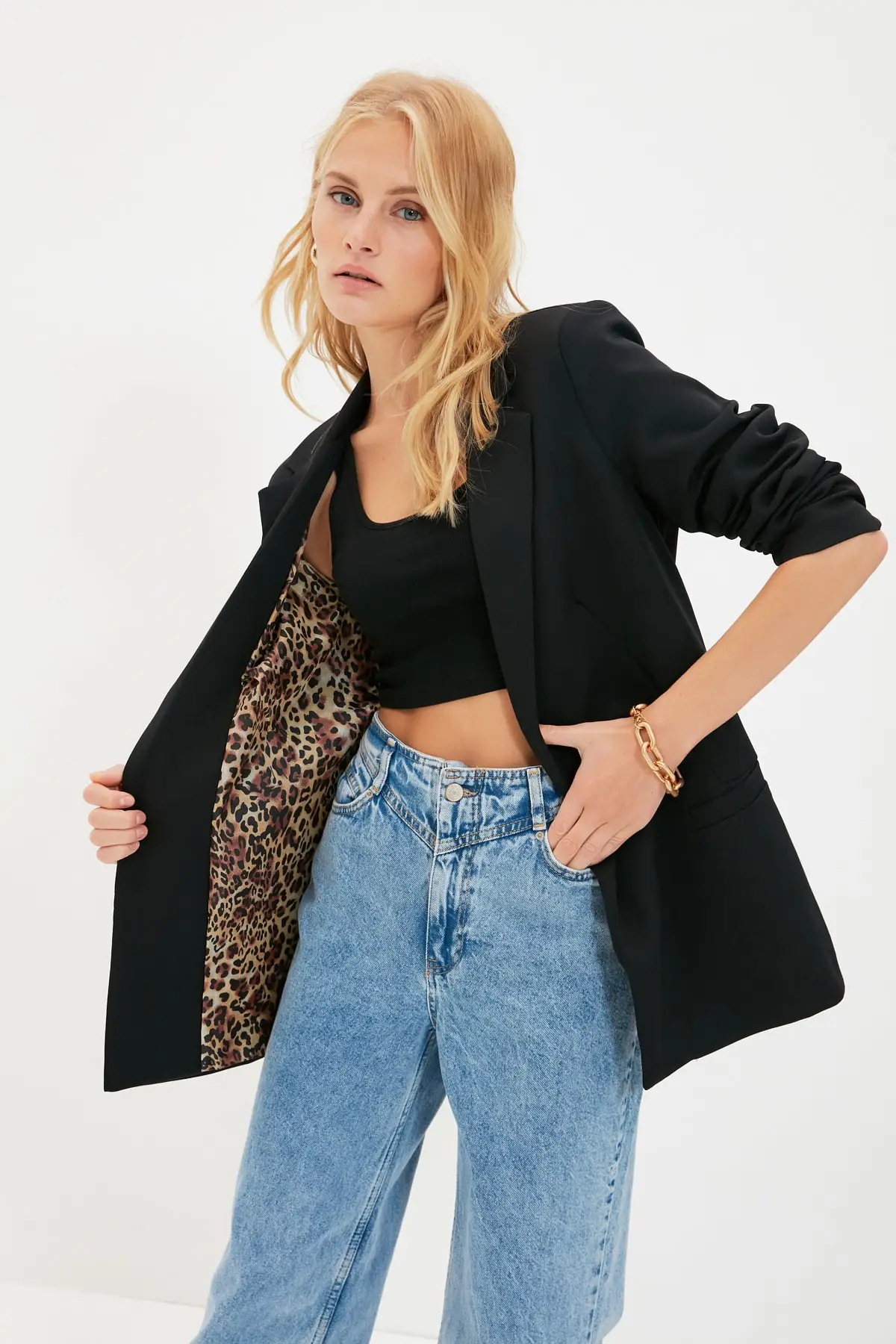 

Black Leopard Lining Detailed Blazer Women Jacket Polyester Woven Fabric Long-Sleeve Trend Jackets Butter Aerogel Vero Goose Cloak Winter 2022