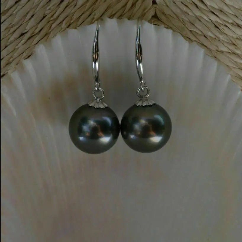 

Charming AAA+10-11mm real natural South sea black round pearl earrings 14kp Gold