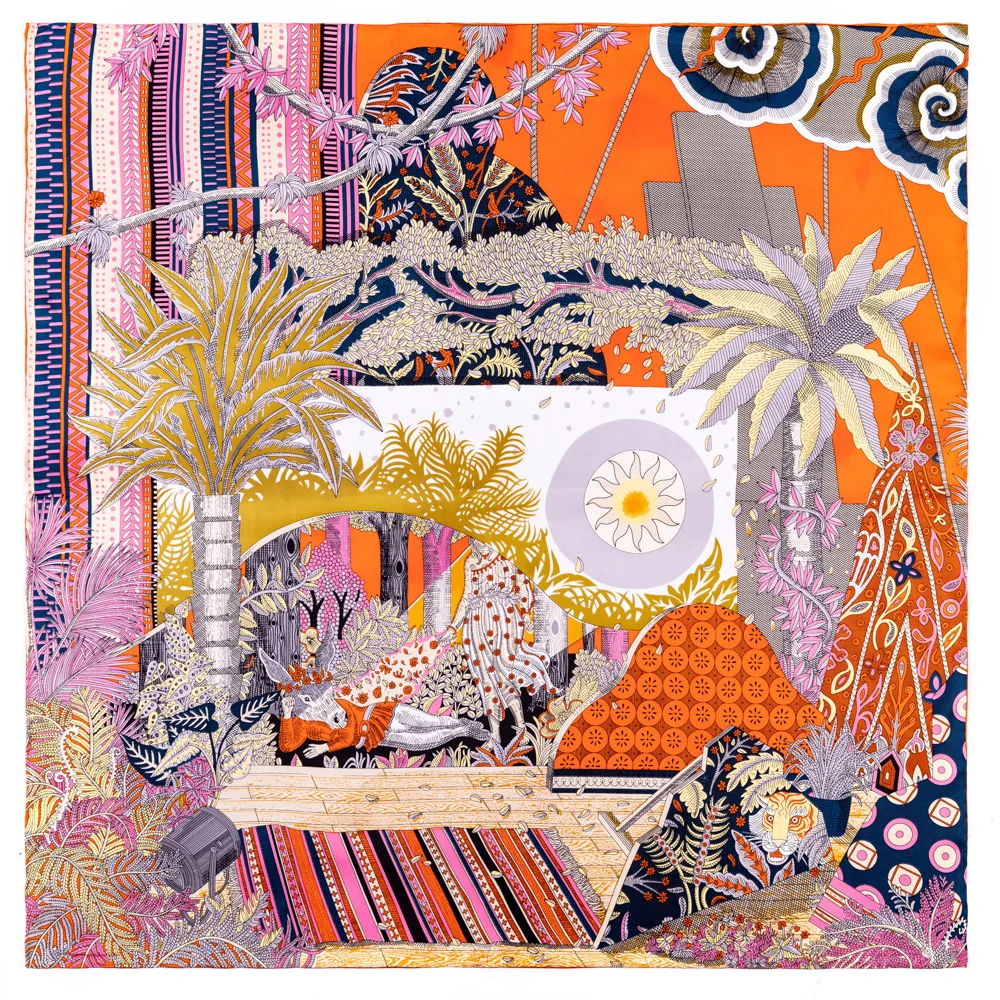 

Manual Hand Rolled Twill Silk Scarf Women Three Giraffes Square Scarves Echarpes Foulards Femme Wrap Bandana Hijab 90CM