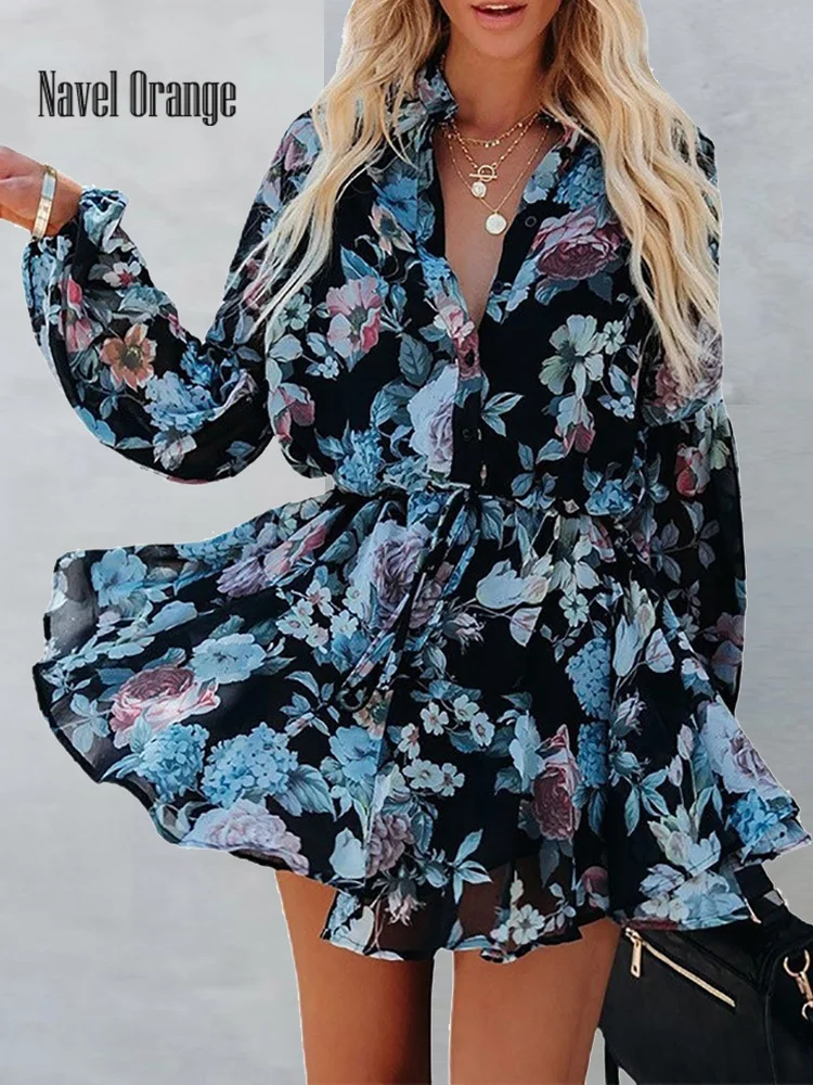 

2022 Princess Dress Simple Casual Women Printed Deep V-Neck Ladies Mini Dress Summer Long Lantern Sleeve Streetwear Dropshipping