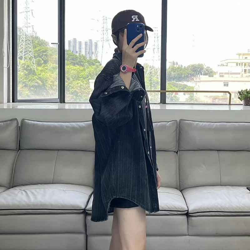 Блузка Hecisuz Новинка осени 2022 черный ретро Топ в полоску с длинными рукавами