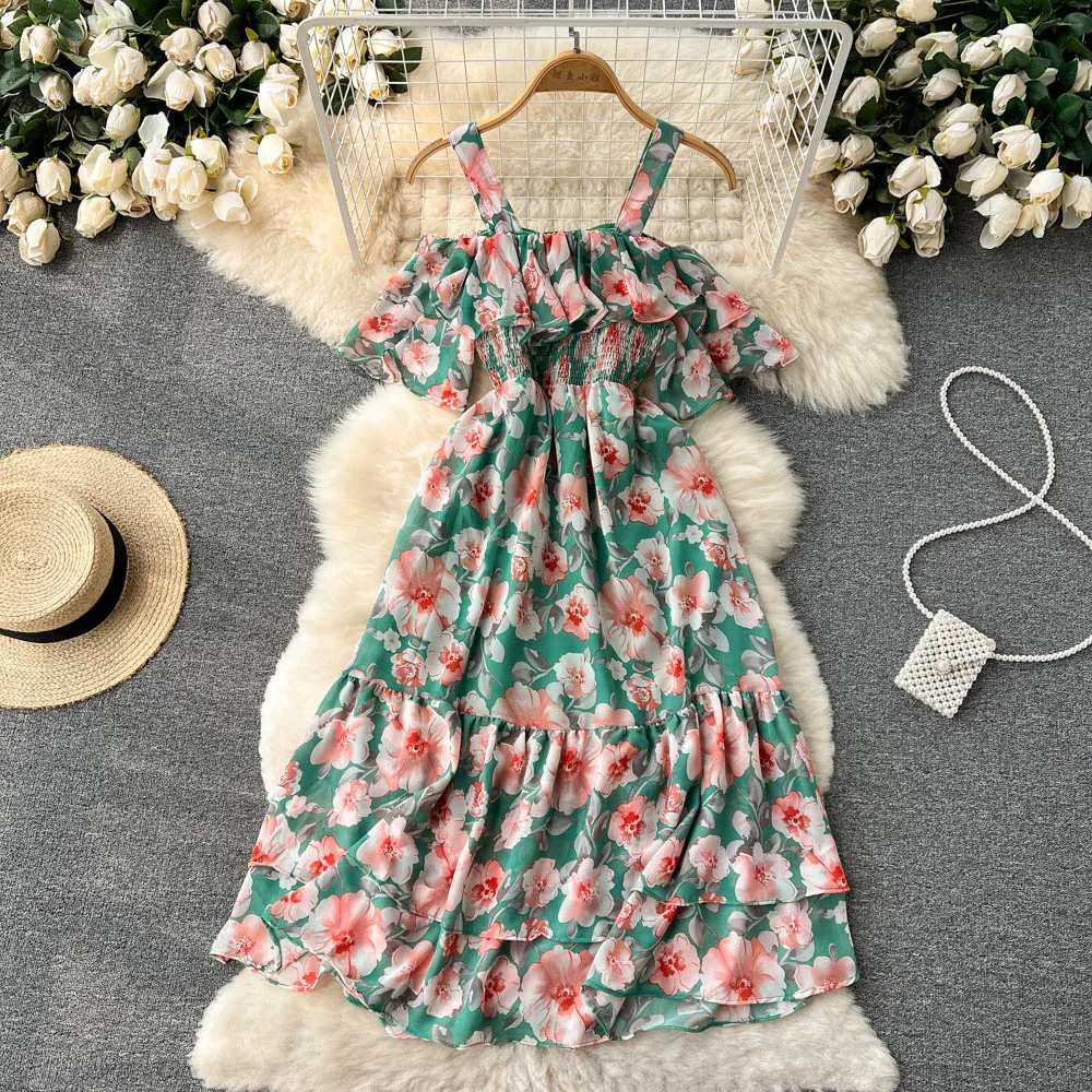 

VANOVICH 2022 Summer New French Style Vintage Ladies Elegant Temperament Waist Slim Spaghetti Strap Large Swing Print Dress