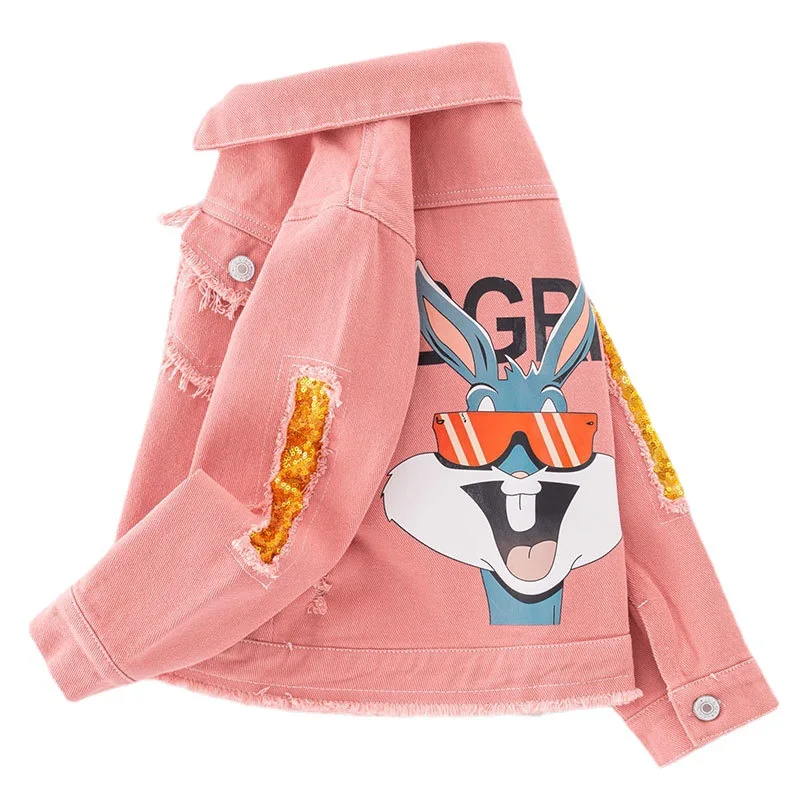 

Toddler Girl Jacket Cartoon Rabbit Pink Denim Jacket for 3-10years Girls Child Cool Jeans Jazz Dance Clothes Outerwear