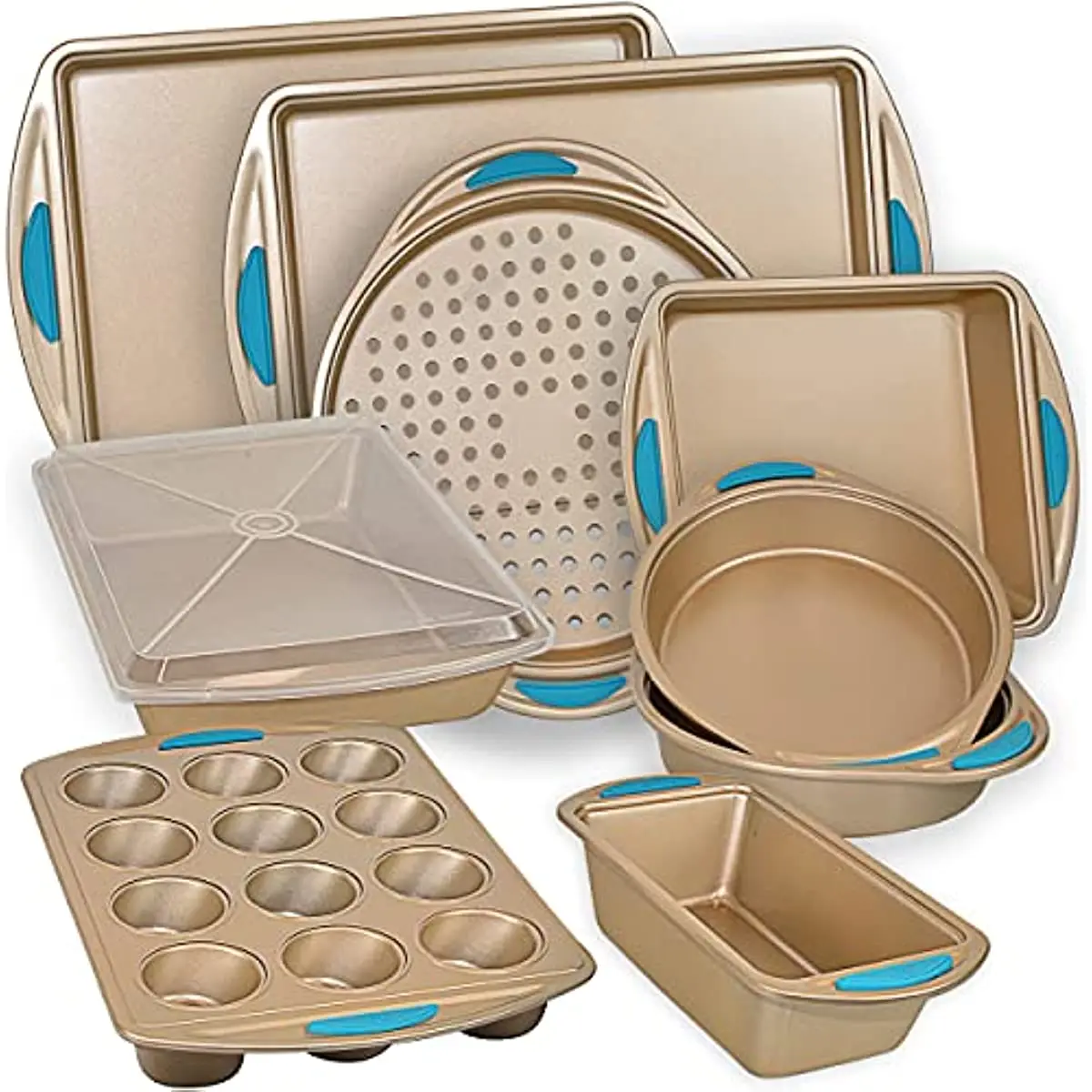 

Pan 10 Piece Set Nonstick Gold Steel Oven Bakeware Kitchen Set Silicone Handles Cookie Sheets Round Cake Pans 9x13 Pan Lid Loaf