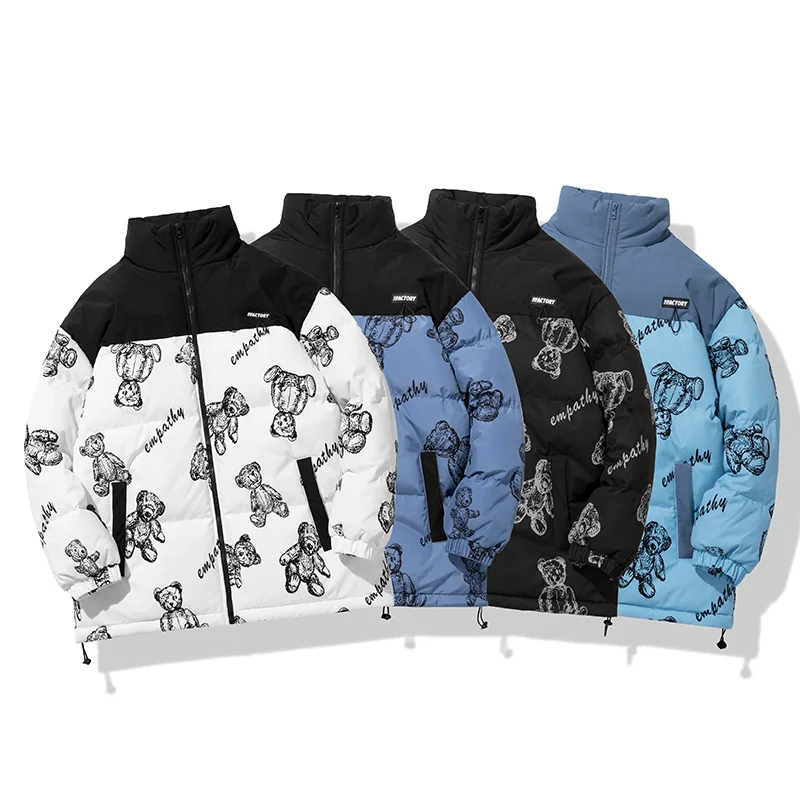 Men's Couples Winter Warm Jacket Thick Coat Patchwork Cartoon Bear Heated Padded Puffer Jacket Oversized Parka Men's Clothing