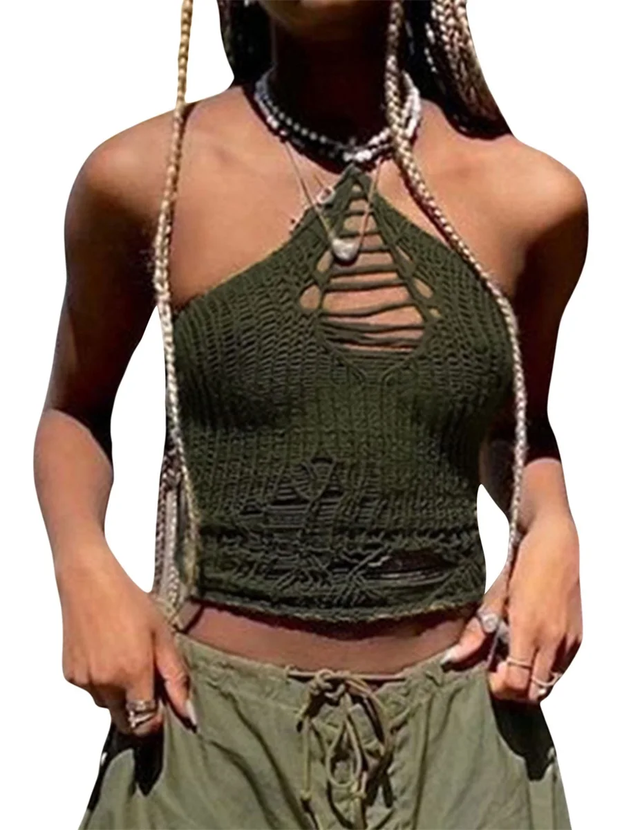 

Women s Summer Sexy Knit Camisole Solid Sleeveless Off-Shoulder Hanging Neck Hollowed Crochet Tank Crop Tops