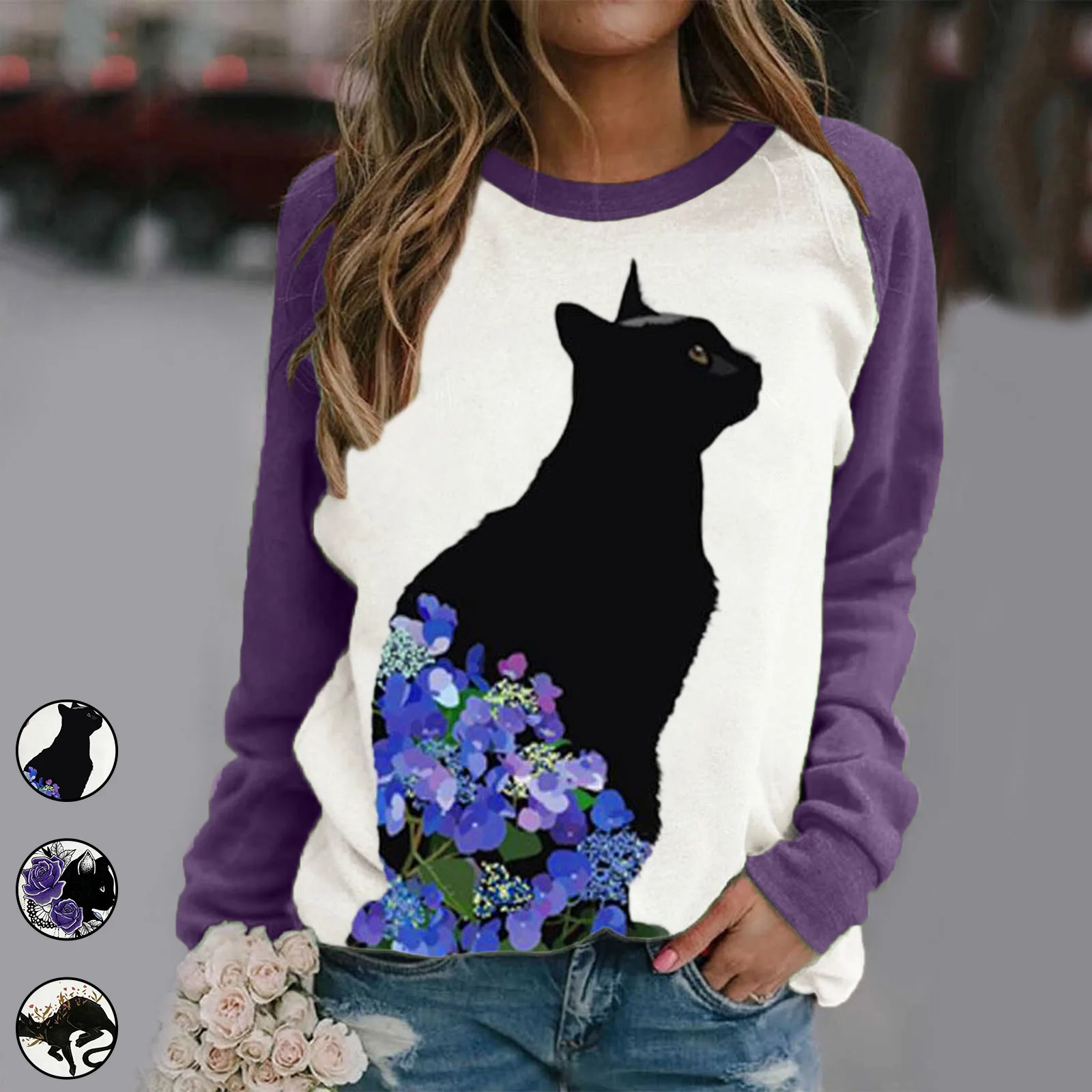 2022 Autumn New Women's Cat Fashion Casual Round Neck Long-sleeved Top T-shirt Y2k  Women Clothes футболка оверсайз
