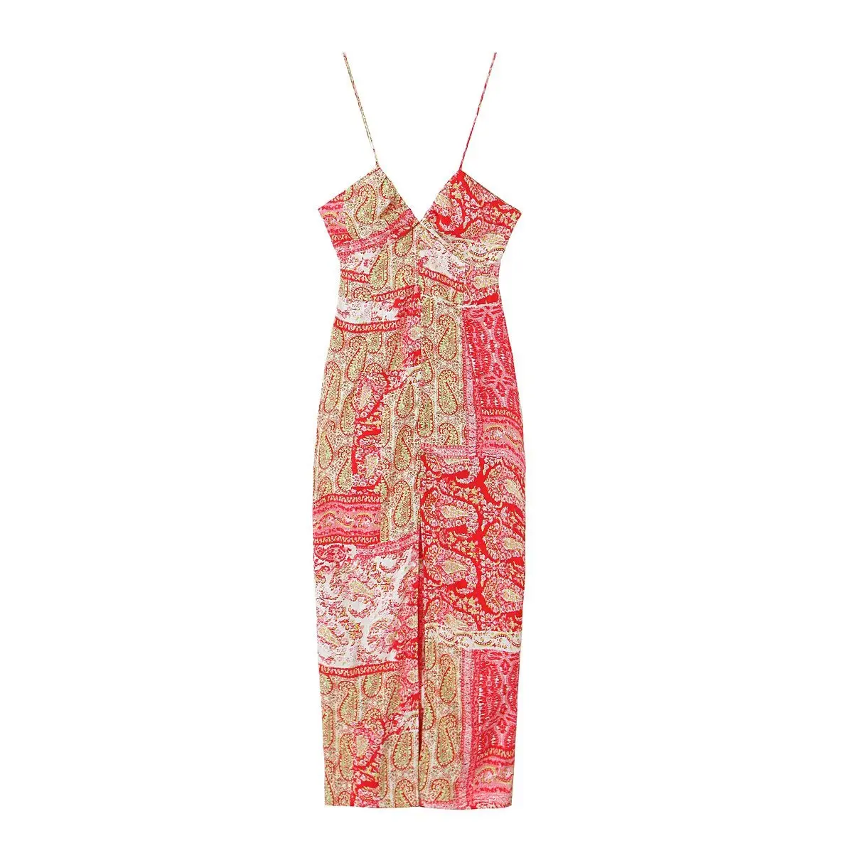 

Floral Print Dress Women Elegant Backless V-neck Slit Midi Camisole Dresses Chic Lady Robe Female Clothing 2023 Summer New