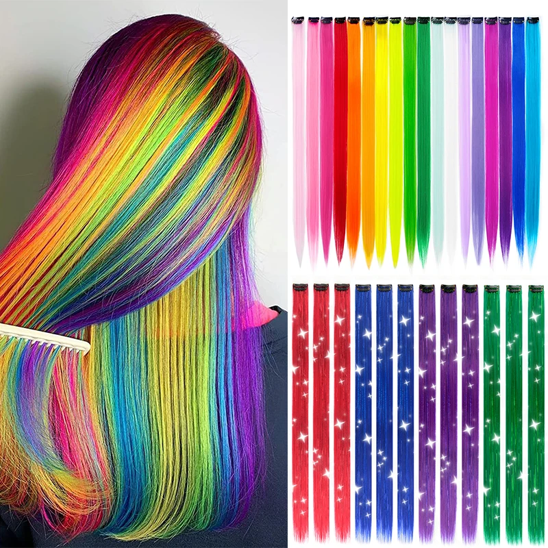 Ed Clip In Hair One Piece Long Synthetic Rainbow 22 Inch Party Highlights Extensions For Women Kids Girls