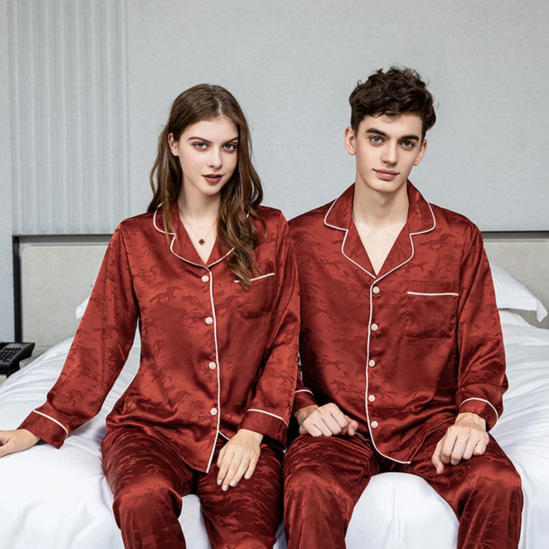 

Jxgarb Simple Couples Pajamas Sets Female Male Leisure Luxury Turn Down Collar Ice Silk Pyjamas Sets Women Men Pijamas Suit
