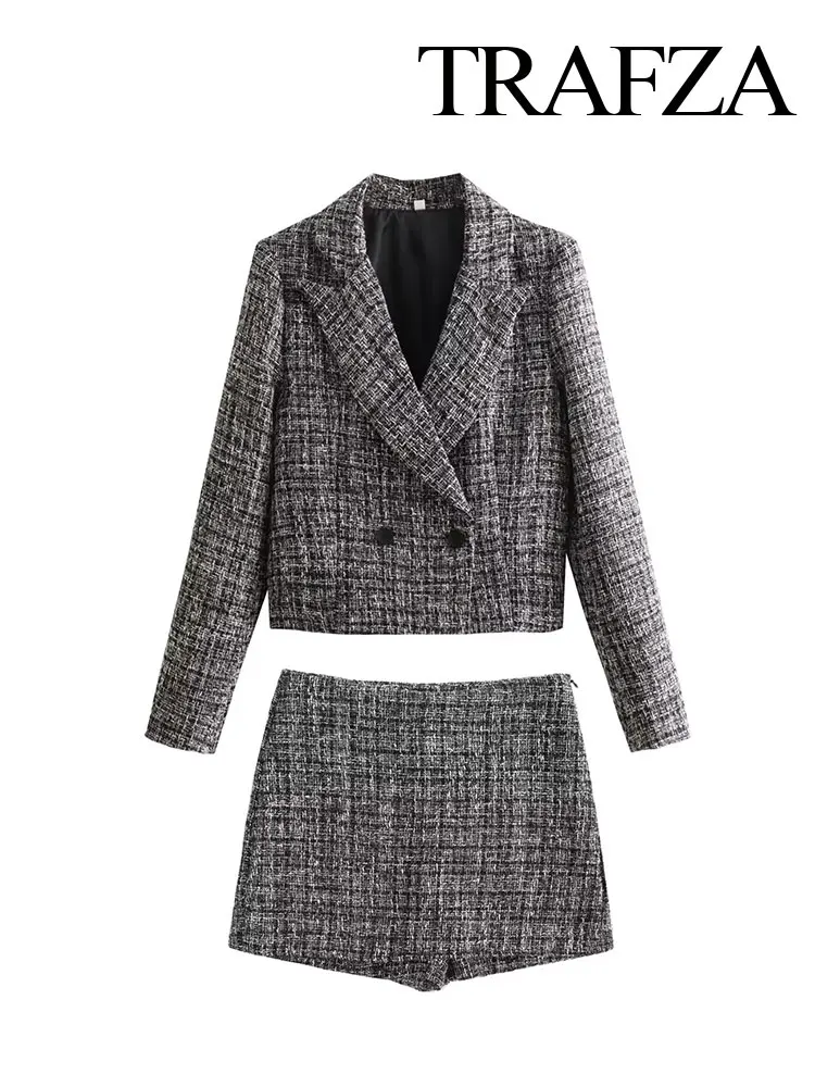 Женский костюм-двойка в клетку TRAFZA Короткий Повседневный пиджак и юбка-брюки с