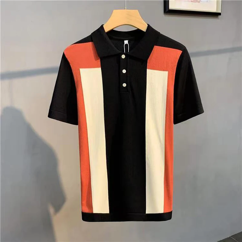 

New 2022 Summer Casual Loose Short Sleeve Polos Mens Shirt Fashion Knitted Patchwork Shirts Men Turn-down Collar Buttoned Tops