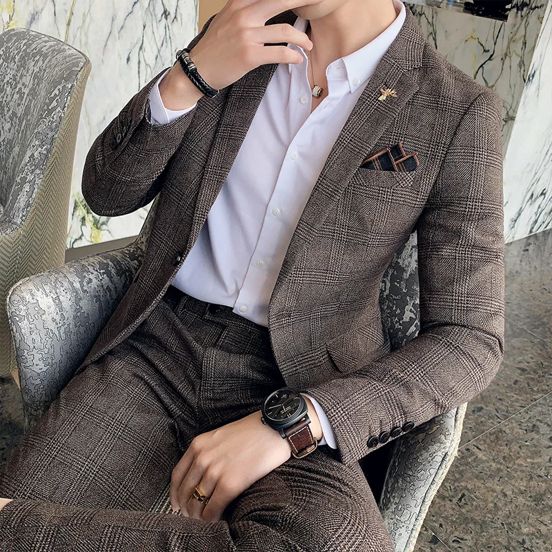 

Pant Slim Men 2 Homme Tuxedo Wedding Pcs Social Check Blazers Suits Fit Men Business Luxury Set Suit Office Dress Casual Formal