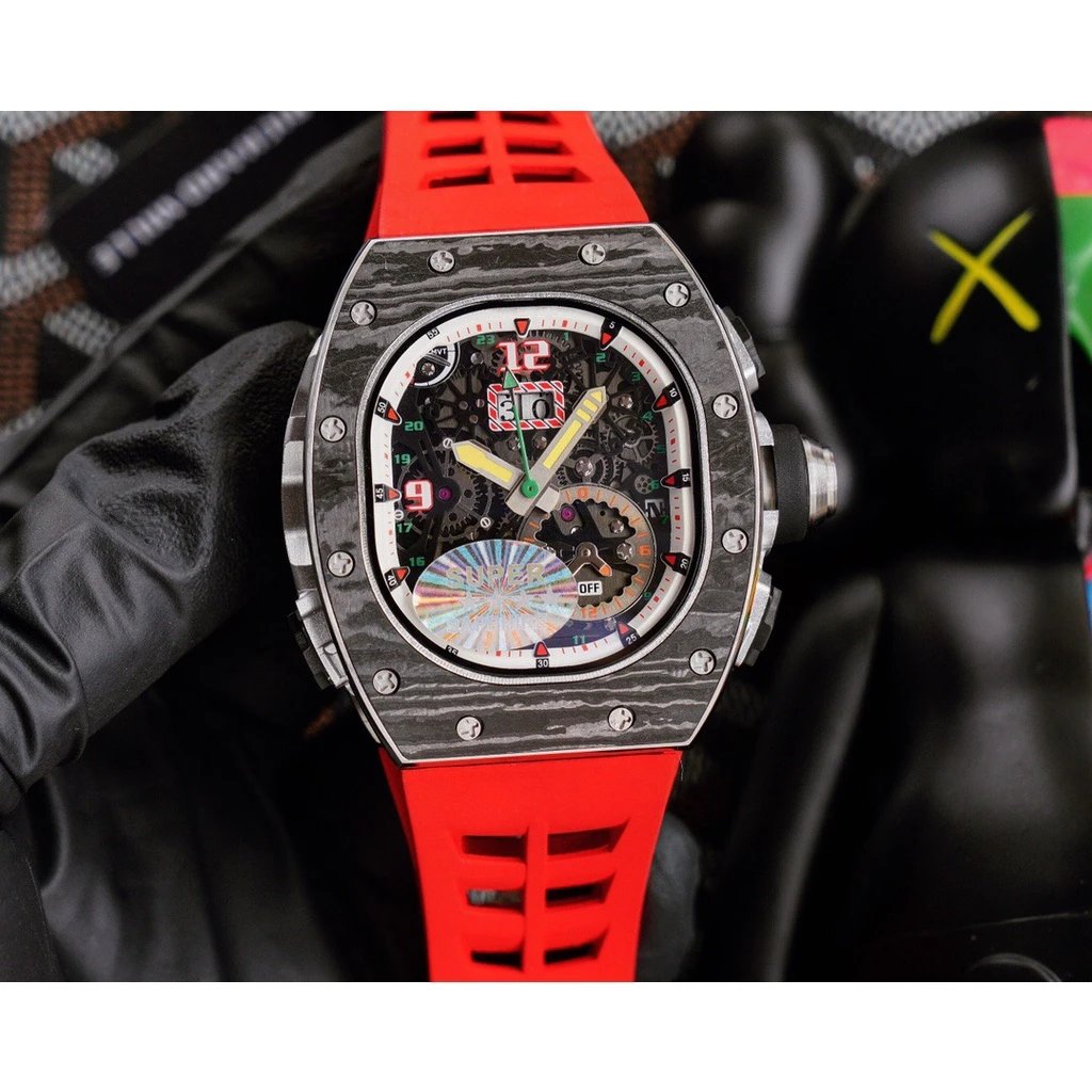 

mens automatic mechanical watch black red rubber carbon fiber