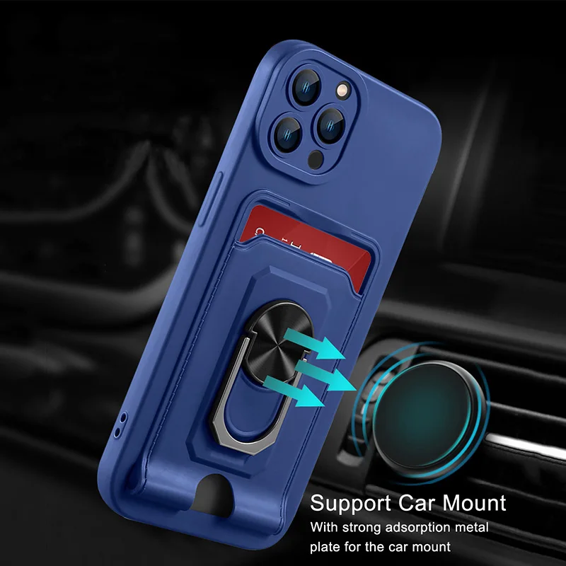 

Wallet Card Slot Magnetic Ring Holder Case for iPhone 14 13 12 Mini 11 Pro Max XR XS Max 8 Plus Silicone Camera Protection Cover