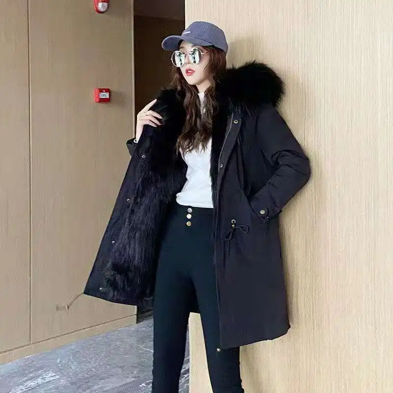 New Winter Ladies Casual Fashion Cotton Clothing Long Women's Disassembled Raccoon Fur Thick Big Size Coat