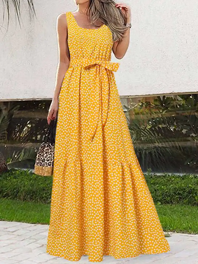 

Celmia Vintage Belted Party Maxi Sundress Sexy Sleeveless Dress 2022 Summer Women Bohemian Fashion Floral Print Long Vestidos