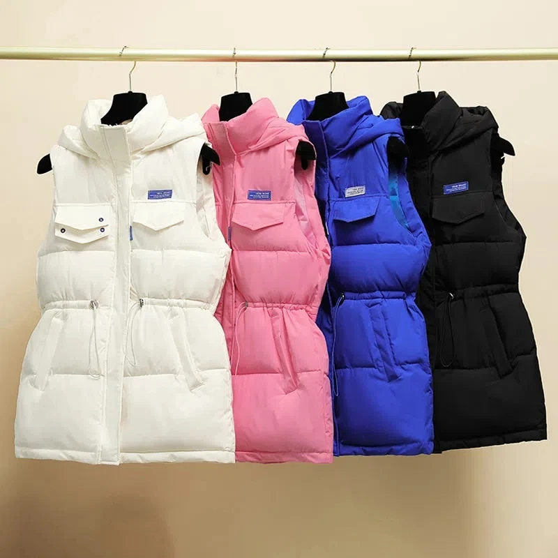 

2022 New Down Cotton Vest Jacket Women's Mid-length Parkas Autumn Winter Hooded Sleeveless Warm Hooded Waistcoat Outerwear