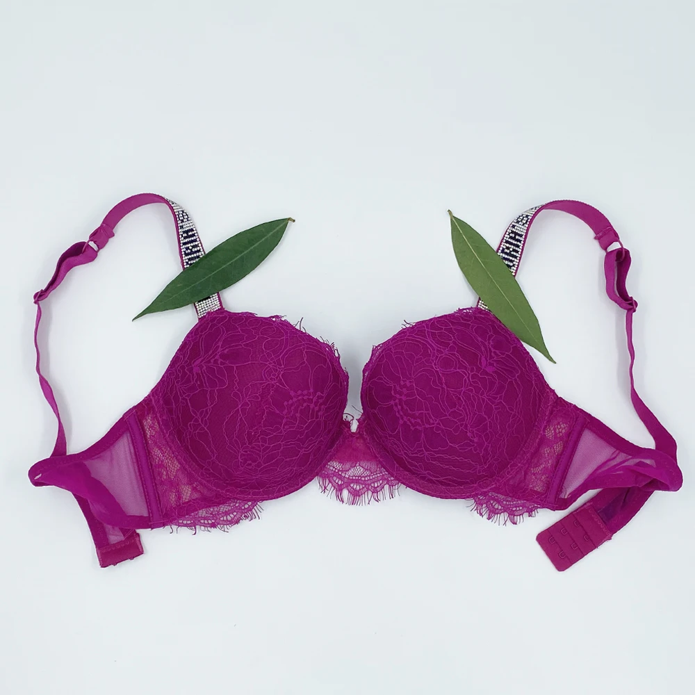 wholesale Women Push Up Bra Sexy VS Letter Rhinestones Lace Lingerie Bralette Womens Backless Intimates Pink Underwear lingerie