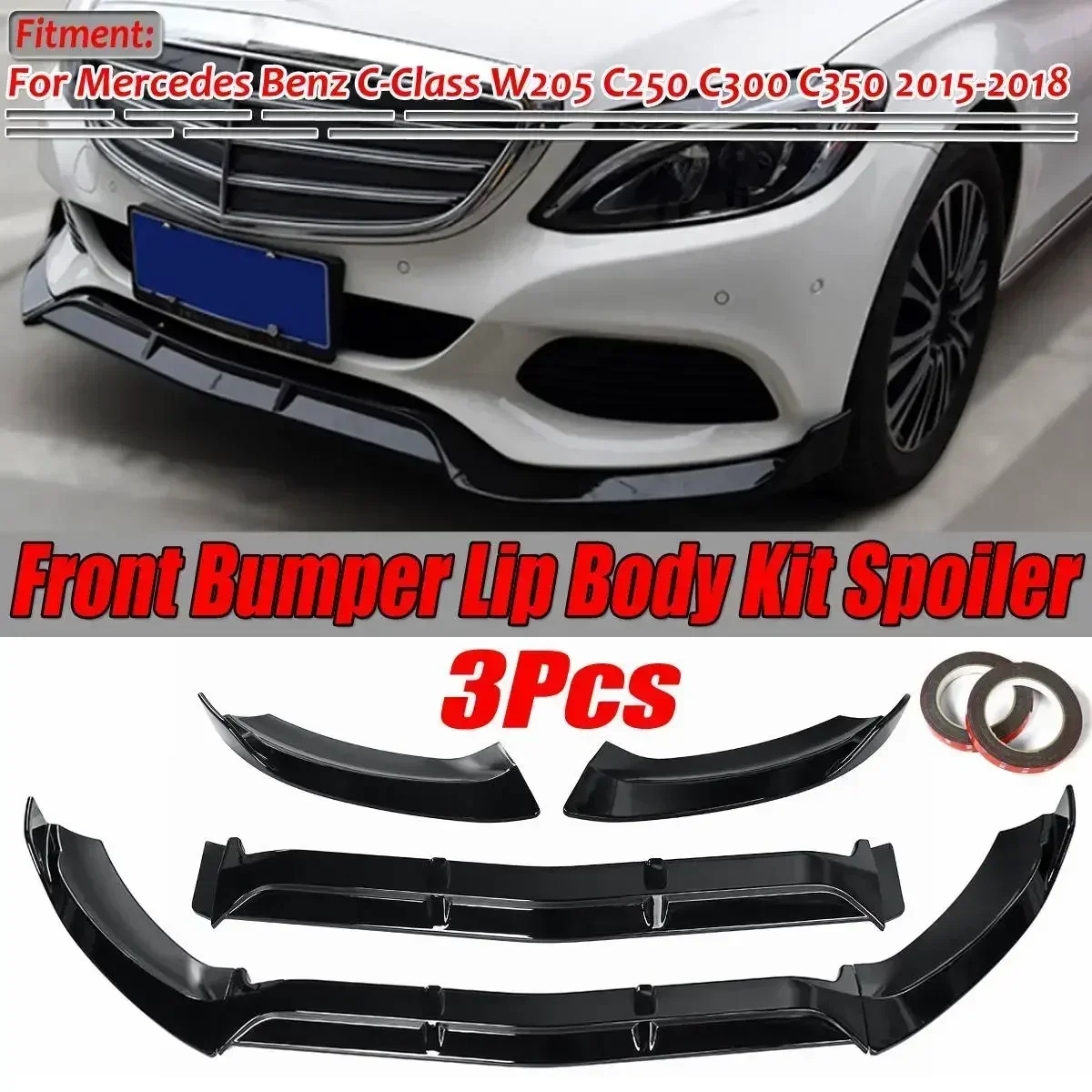 3Piece Car Front Bumper Splitter Lip Diffuser Guard Spoiler For Mercedes Benz C-Class W205 C250 C300 C350 2015-2018 Body Kit