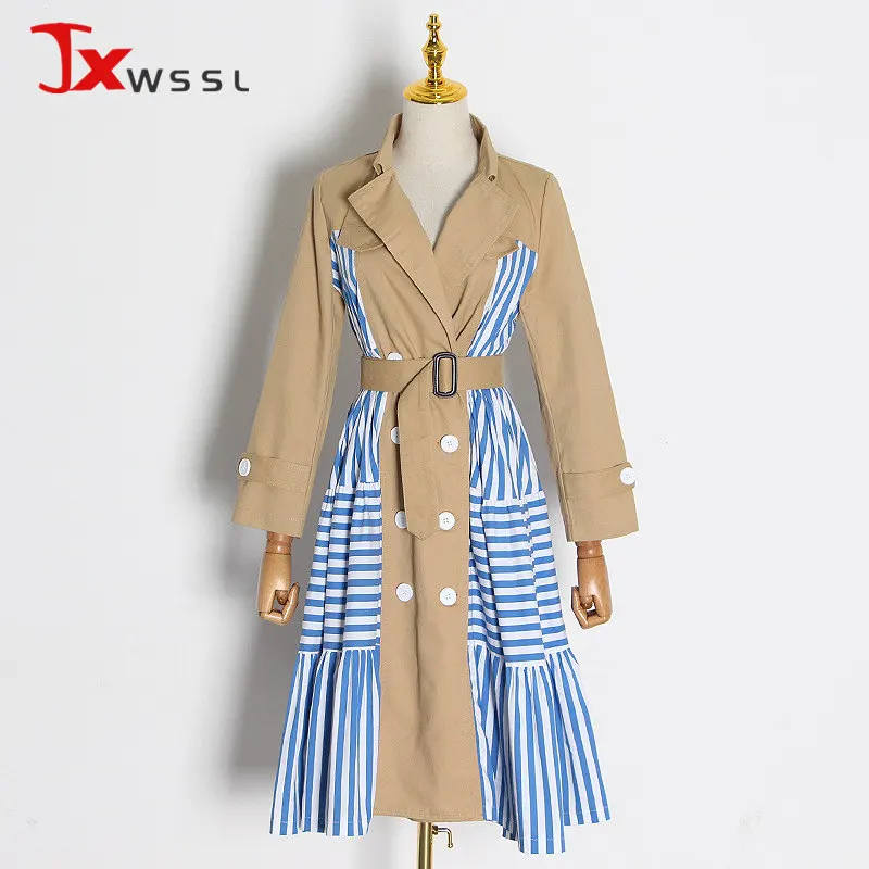 

High Quality Striped Stitching Khaki Trench Coat For Women Korean Double Breasted Belt Long Sleeve Mid Length Casual Windbreaker