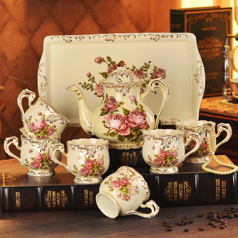 European Ceramic Teapot Mug Set Coffeeware Porcelain Coffee Pot Cups Tray Set Drinkware Afternoon Tea Party Hotel Coffee Pot Cup