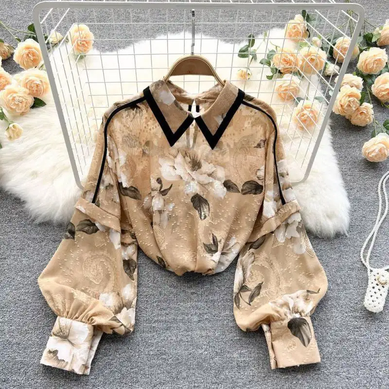 

Women 2022 Spring and Autumn Retro Printed Shirt Women's Loose Lantern Sleeve Shirt Oil Painting Sense Shirt Tops Female