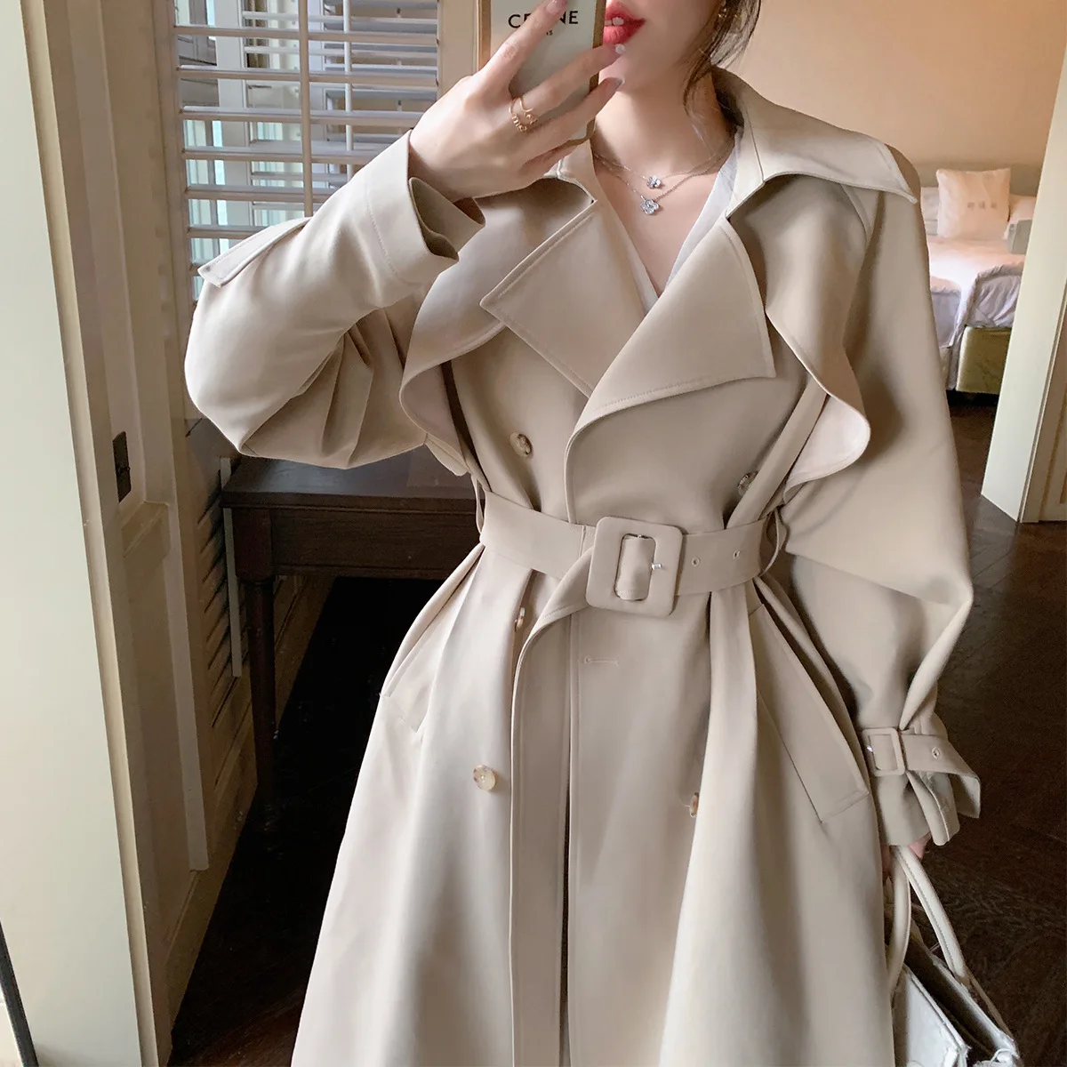2022 Spring and Autumn New Khaki Trench Coat Women's Waist Long Thickened Long-Sleeved Casual Coat Women's Clothing