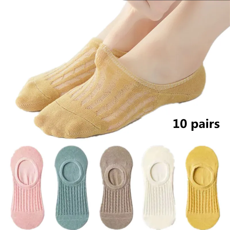 

10pairs Womens Socks Women Invisible Boat Socks Summer Toe Socks Silicone Non-slip Ankle Low Female Cotton Show Breathable