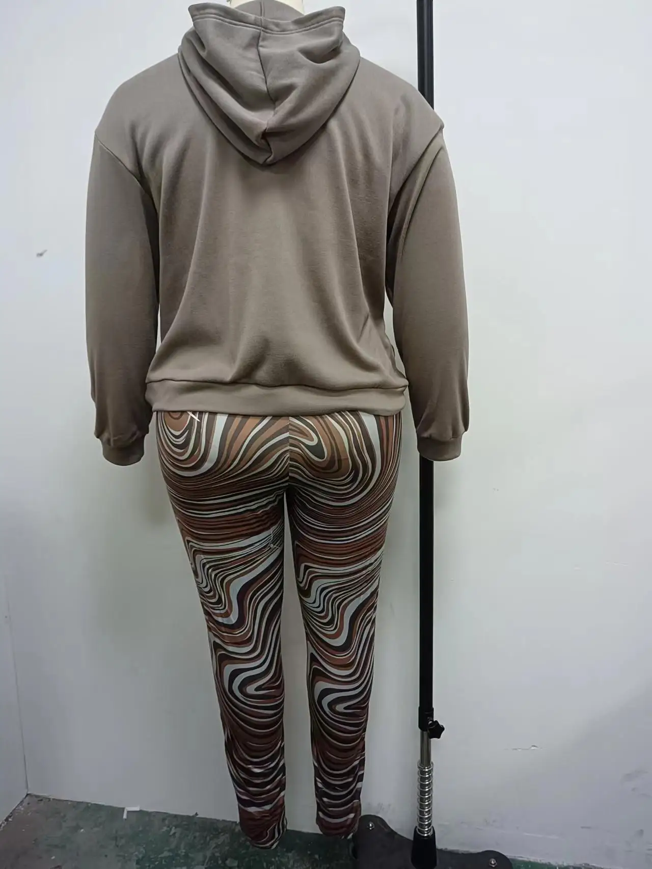 Plus Size Women Clothing Hooded Sweater Print Casual Long Sleeve Sweater Ruffle Skinny Pants 2 Piece Sets Womens Outfits Slim