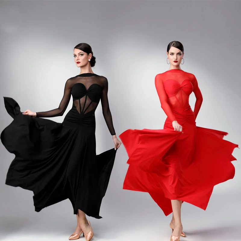 

Платье Waltz для современных танцев, красное, черное платье для бальных танцев, женское Сетчатое платье с рукавами для латиноамериканских танцев, одежда для сцены SL8656