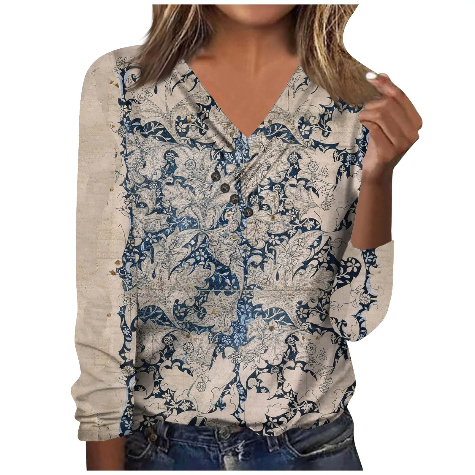 

3d Flower T-shirt Women Fashion Print T-shirt Women's V-neck Button Long Sleeve Tops Autumn Winter Pullovers Female Clothes