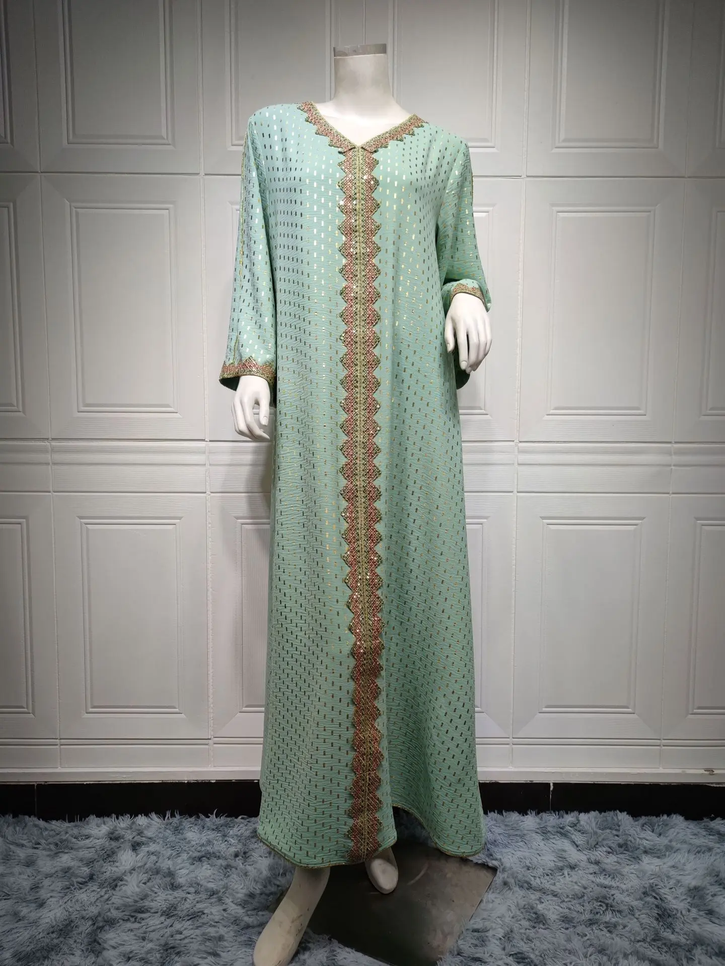 Dubai Muslim Woman Dress Polka Dot Print V-Neck Lace Tape Elegant Long Dresses Islamic Robes Abaya Turkey Ramadan Kaftan