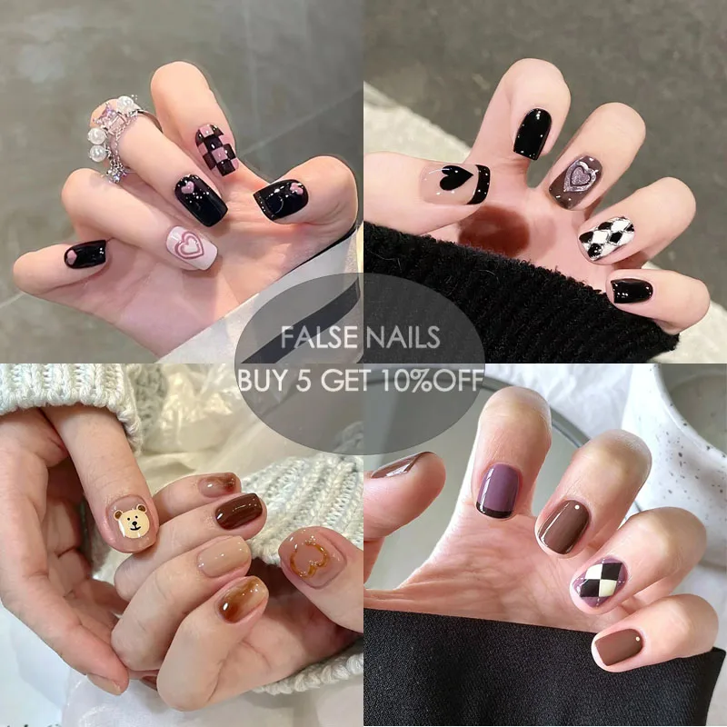 24pcs French Short Fake Nails Press on Rhinestone Design French Artificial Nail Tip with Glue Glitter Stick-on Nails Tips Art