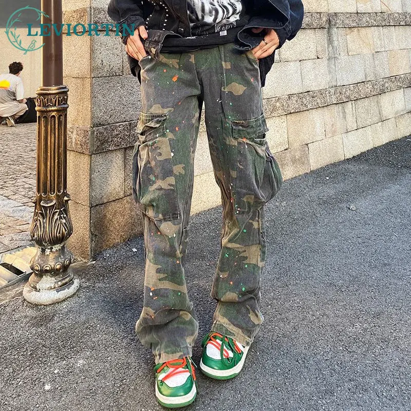 

2022 г., уличный Камуфляжный мешковатый спортивный костюм, брюки-карго для мужчин, Струйные штаны с боковыми карманами, спортивный костюм для бега, повседневные свободные брюки унисекс